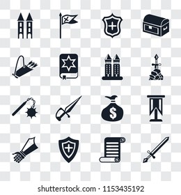 Set Of 16 transparent icons such as Sword, Scroll, Shield, Gauntlet, Standard, Tower, Quiver, Morning star, transparency icon pack, pixel perfect