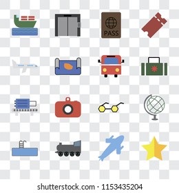 Set Of 16 transparent icons such as Star, Plane, Railway, Swimming pool, Globe, Ship, Airplane, Check out, Bus, transparency icon pack, pixel perfect