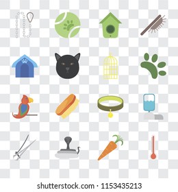 Set Of 16 transparent icons such as Thermometer, Carrot, Snake, Nail trimmer, Water tank, Leash, Pet house, Parrot, Bird cage, transparency icon pack, pixel perfect