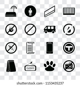 Set Of 16 transparent icons such as No camera, Pet, Closed, Paper bag, Junction, Wifi, fire, drugs, Bus, transparency icon pack, pixel perfect