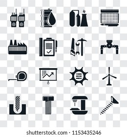 Set Of 16 transparent icons such as Screw, Machine, Bolt, Drill, Windmill, Walkie talkie, Factory, Measuring tape, Tools, transparency icon pack, pixel perfect