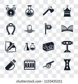Set Of 16 transparent icons such as Tower, Cannon, Alchemy, Quiver, Pillory, Drum, Horseshoe, Crossbow, Standard, transparency icon pack, pixel perfect