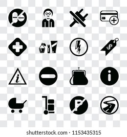 Set Of 16 transparent icons such as Roads, No parking, Trolley, Baby carriage, Information, drugs, Hospital, Information point, Electricity, transparency icon pack, pixel perfect