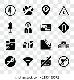 Set Of 16 transparent icons such as Gun, No camera, Wifi, smoking, Mall, Electricity, Mannequin, Electrical appliances, Card payment, transparency icon pack, pixel perfect