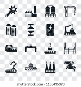 Set Of 16 transparent icons such as Robot arm, Factory, Conveyor, Elevator, Maintenance, Silo, Measure, Electricity, transparency icon pack, pixel perfect