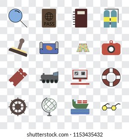 Set Of 16 transparent icons such as Sunglasses, Ship, Globe, Helm, Lifebuoy, Search, Stamp, Tickets, Swimsuit, transparency icon pack, pixel perfect