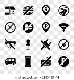 Set Of 16 transparent icons such as No parking, camera, Smartphone, Bus, fire, Store, drugs, Hidden, Parking, transparency icon pack, pixel perfect