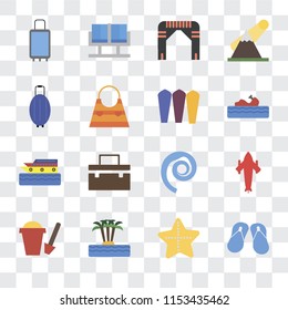 Set Of 16 transparent icons such as Flip flops, Starfish, Island, Sand bucket, Airplane, Suitcases, Luggage, Cruise, Surfing, transparency icon pack, pixel perfect
