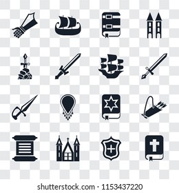 Set Of 16 transparent icons such as Bible, Shield, Church, Scroll, Quiver, Gauntlet, Excalibur, Dagger, Caravel, transparency icon pack, pixel perfect