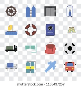 Set Of 16 transparent icons such as Bus, Plane, Aqualung, Check out, Ball, Helm, Parasailing, Trailer, Passport, transparency icon pack, pixel perfect