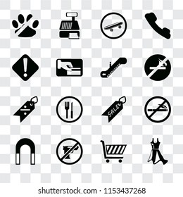 Set Of 16 transparent icons such as Dress, Shopping cart, Gun, Magnet, No smoking, pets, Warning, Discount, Escalator, transparency icon pack, pixel perfect