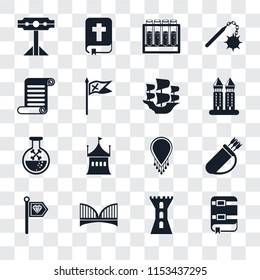 Set Of 16 transparent icons such as Book, Tower, Bridge, Standard, Quiver, Pillory, Scroll, Poison, Caravel, transparency icon pack, pixel perfect