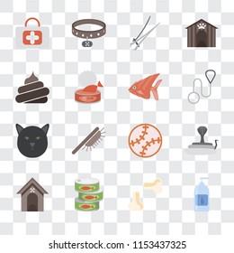 Set Of 16 transparent icons such as Drops, Bone, Canned food, Kennel, Snake, First aid, Poop, Cat, Fish, transparency icon pack, pixel perfect