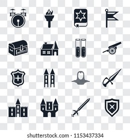 Set Of 16 transparent icons such as Shield, Sword, Castle, Dagger, Drum, Chest, Alchemy, transparency icon pack, pixel perfect