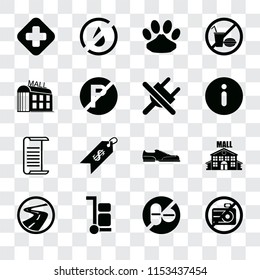 Set Of 16 transparent icons such as No camera, drugs, Trolley, Roads, Mall, Hospital, List, plug, transparency icon pack, pixel perfect