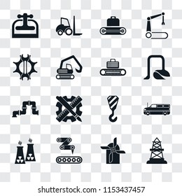 Set Of 16 transparent icons such as Oilfield, Mill, Conveyor, Nuclear plant, Cargo truck, Machine press, Settings, Pipe, transparency icon pack, pixel perfect