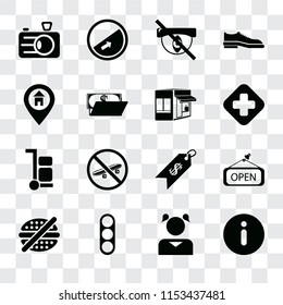 Set Of 16 transparent icons such as Information, Girl, Traffic light, No fast food, Open, Camera, Location, Trolley, Store, transparency icon pack, pixel perfect