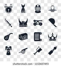 Set Of 16 transparent icons such as Bladder pipe, Cup, Cannon, Tunic, Crown, Drum, Sword, Lute, Trebuchet, transparency icon pack, pixel perfect
