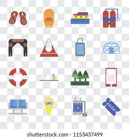 Set Of 16 transparent icons such as Tickets, Oxygen tank, Gps, Waiting room, Phone, Flip flops, Arch, Lifebuoy, Suitcases, transparency icon pack, pixel perfect