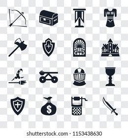 Set Of 16 transparent icons such as Sword, Water well, Money bag, Shield, Goblet, Bow and arrow, Axe, Witch, Stained glass window, transparency icon pack, pixel perfect