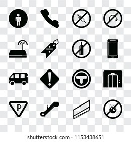 Set Of 16 transparent icons such as No fire, Stairs, Escalator, Parking, Lift, Restroom, Wifi, Bus, alcohol, transparency icon pack, pixel perfect
