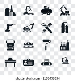 Set Of 16 transparent icons such as Conveyor, Id card, Saw, Factory, Drill, Truck, Wood cutting, transparency icon pack, pixel perfect