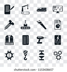 Set Of 16 transparent icons such as Cogwheel, Machine press, Crane, Settings, Electricity, Planing, Bolt, Refinery, Saw, transparency icon pack, pixel perfect