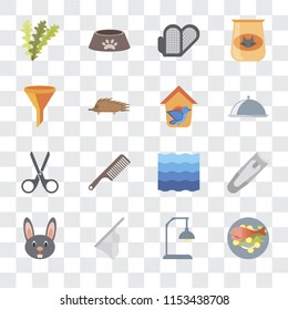 Set Of 16 transparent icons such as Fish food, Lamp, Net, Rabbit, Nail clippers, Seaweed, Filter, Scissors, Bird house, transparency icon pack, pixel perfect