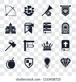 Set Of 16 transparent icons such as Jewelry, Necklace, Shield, Cauldron, Bible, Bow and arrow, Castle, Axe, Book, transparency icon pack, pixel perfect