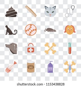 Set Of 16 transparent icons such as Treats, Shampoo, Pet food, Fish bone, Test tube, Poop, Cat, Dog, Mouse, transparency icon pack, pixel perfect