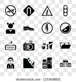 Set Of 16 transparent icons such as Mall, Electrical appliances, Falling rocks, Boy, Wallet, Skateboard, Girl, Open, Electricity, transparency icon pack, pixel perfect