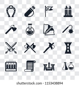 Set Of 16 transparent icons such as Alchemy, Castle, Scroll, Tower, Horseshoe, Axe, Swords, Crossbow, transparency icon pack, pixel perfect