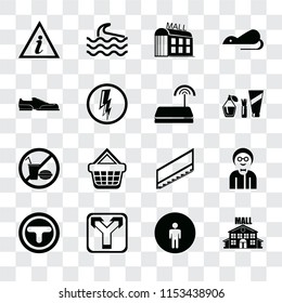 Set Of 16 transparent icons such as Mall, Restroom, Junction, Boy, Information point, Shoes, No food, Wifi, transparency icon pack, pixel perfect