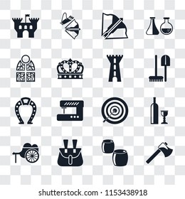 Set Of 16 transparent icons such as Axe, Beer, Belt pouch, Wheelbarrow, Wine, Castle, Stained glass, Horseshoe, Tower, transparency icon pack, pixel perfect