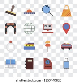 Set Of 16 transparent icons such as Suitcases, Passport, Notebook, Waiting room, Minivan, Stamp, Arch, Ring, Booking, transparency icon pack, pixel perfect