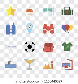 Set Of 16 transparent icons such as Snorkel, Landmark, Cocktail, Swimming pool, Shirt, Star, Oxygen, Airplane, Binoculars, transparency icon pack, pixel perfect