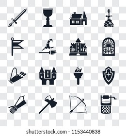 Set Of 16 transparent icons such as Water well, Bow and arrow, Axe, Gauntlet, Shield, Sword, Flag, Quiver, Castle, transparency icon pack, pixel perfect