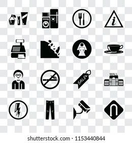 Set Of 16 transparent icons such as Turn, Cctv, Jeans, Electricity, Mall, Cosmetics, Cashier machine, Boy, Restroom, transparency icon pack, pixel perfect
