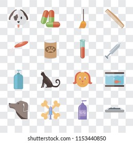 Set Of 16 transparent icons such as Litter box, Shampoo, Treats, Dog, Aquarium, Frisbee, Test tube, transparency icon pack, pixel perfect
