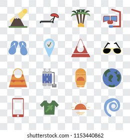 Set Of 16 transparent icons such as Seashell, Sunset, Shirt, Phone, Travel, Mountains, Flip flops, Bag, Purse, transparency icon pack, pixel perfect