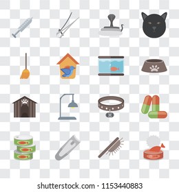 Set Of 16 transparent icons such as Cat food, Brush, Nail clippers, Canned Drugs, Injection, Broom, Kennel, Aquarium, transparency icon pack, pixel perfect