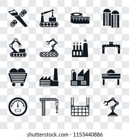 Set Of 16 transparent icons such as Robot arm, Elevator, Crane, Gauge, Saw, Wood cutting, Conveyor, Coal, Factory, transparency icon pack, pixel perfect