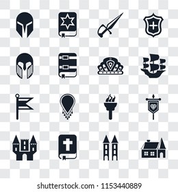Set Of 16 transparent icons such as House, Tower, Bible, Castle, Banner, Helmet, Armour, Flag, Crown, transparency icon pack, pixel perfect