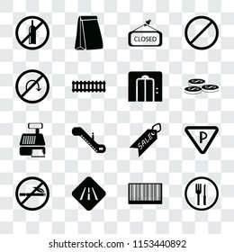 Set Of 16 transparent icons such as Restaurant, Barcode, Road, No smoking, Parking, alcohol, turn, Cashier machine, Lift, transparency icon pack, pixel perfect