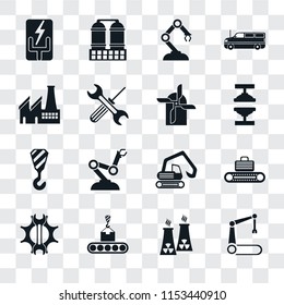 Set Of 16 transparent icons such as Robotic arm, Nuclear plant, Conveyor, Settings, Electricity, Factory, Crane, Mill, transparency icon pack, pixel perfect