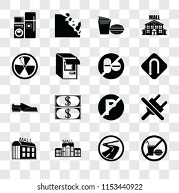 Set Of 16 transparent icons such as No food, Roads, Mall, plug, Electrical appliances, Radiation, Shoes, drugs, transparency icon pack, pixel perfect