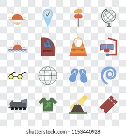 Set Of 16 transparent icons such as Tickets, Mountains, Shirt, Railway, Seashell, Sunset, Sunglasses, Bag, transparency icon pack, pixel perfect