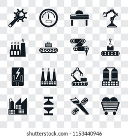 Set Of 16 transparent icons such as Coal, Wood cutting, Machine press, Factory, Refinery, Maintenance, Electricity, Robot arm, transparency icon pack, pixel perfect