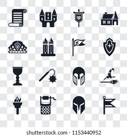 Set Of 16 transparent icons such as Flag, Helmet, Water well, Torch, Witch, Scroll, Crown, Goblet, transparency icon pack, pixel perfect