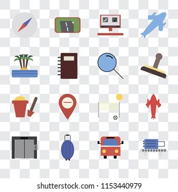 Set Of 16 transparent icons such as Check out, Bus, Luggage, Elevator, Airplane, Compass, Island, Sand bucket, Search, transparency icon pack, pixel perfect